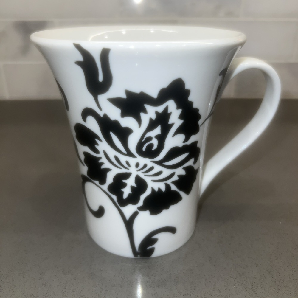 Coventry FLORAL SCROLL Pattern Fine Porcelain Coffee Mug Cup Black on White